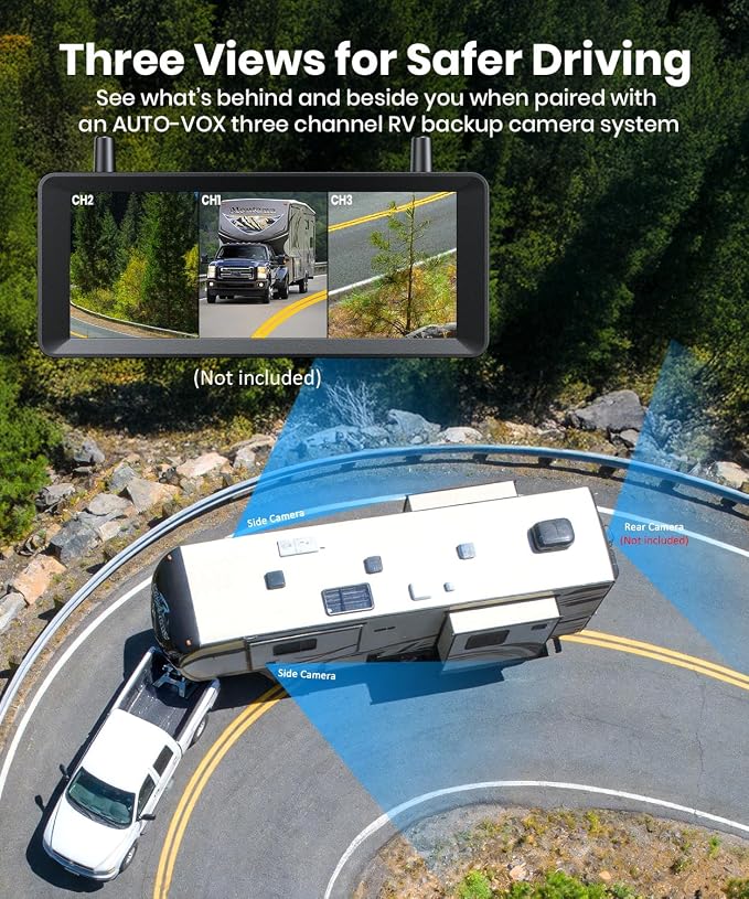 AUTO-VOX RV Backup Camera Wireless with Left and Right Side Cameras, Adjustable Viewing Angle, IR Night Vision, Compatible Only with 3 Channel Monitor for Motorhome, Fifth Wheel, Travel Trailer
