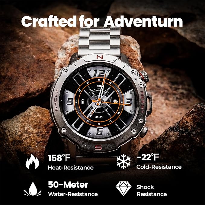 WalkerFit Silver Smart Watch for Men, Stainless Steel Band, 1.43" AMOLED Round Smartwatch, 5ATM Waterproof for Swim Run Hike Cycle, 170+ Sports Modes, Heart Rate SpO2, Sport Watch for iPhone Android
