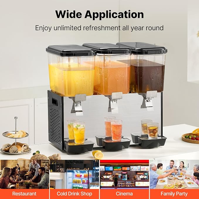 VEVOR Commercial Beverage Dispenser, 3 Tanks Juice Dispenser, 18 L / 19 QT Per Tank, 512W Stainless Steel Ice Tea Drink Machine with 45℉ to 54℉ Cooling Temp, for Cold Drink Restaurant Bar Party