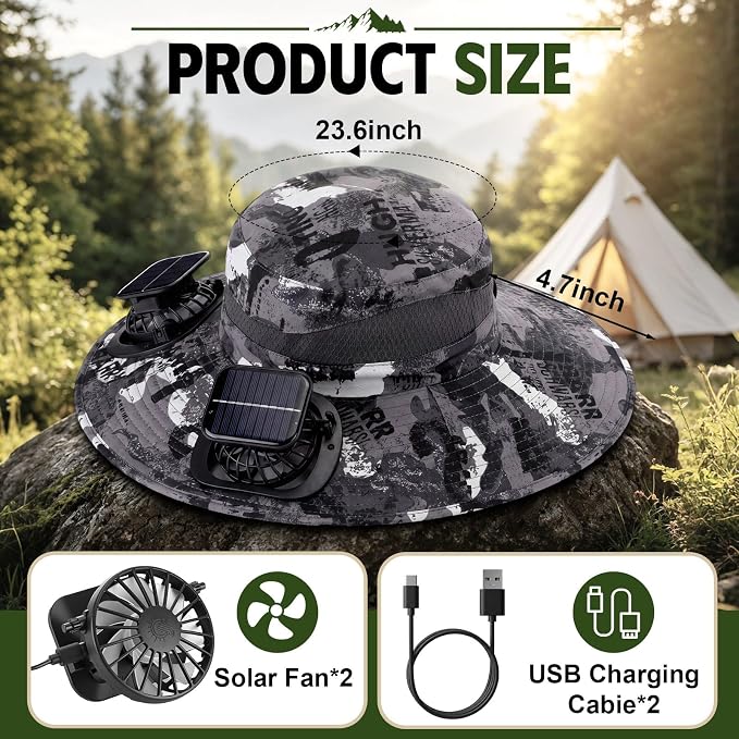 Syhood Solar Powered Fan Hat Neck Gaiter Arm Sleeves Sun Bucket Hat with Fan Cooling Wide Brim Hats for Fishing Hiking