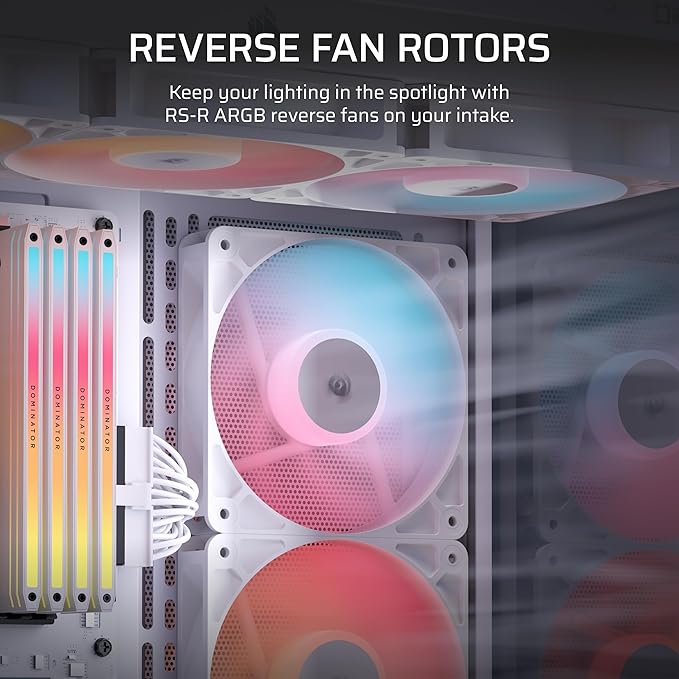 Corsair RS120-R ARGB 120mm PWM ARGB Reverse Fans – Reverse Rotor, +5V ARGB Connections, Eight RGB LEDs, High Static Pressure, Daisy-Chain, Magnetic Dome Bearing, Zero RPM Mode – Triple Pack – White