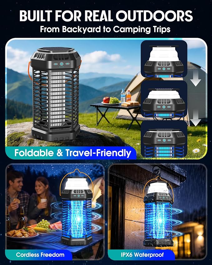Solar Bug Zapper Outdoor, Rechargeable Mosquito & Fly Zapper with Auto ON/Off, 6000mAh Long-Lasting, Foldable Camping Light, Solar & USB Powered Bug Zapper for Patio, Camping & Indoor Use