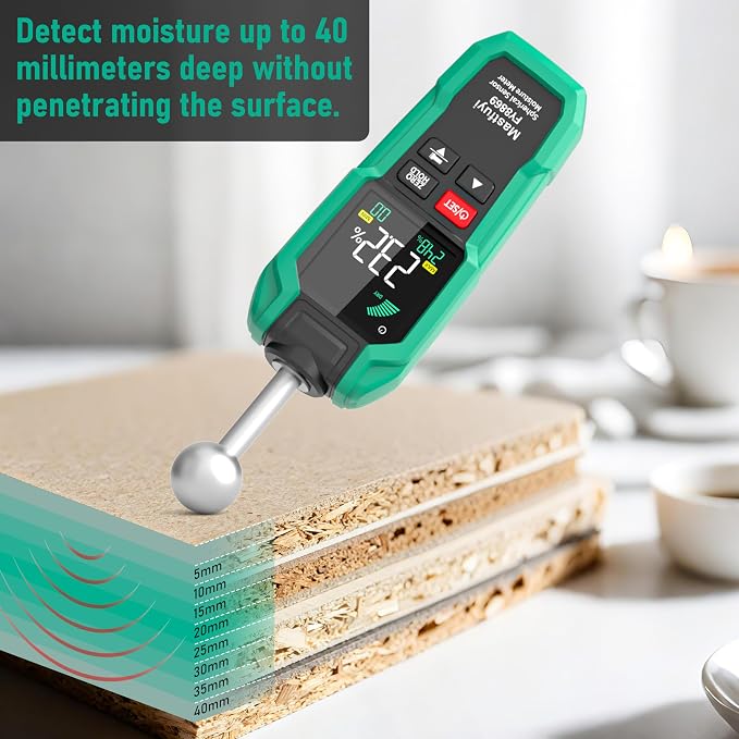 Pinless Wood Moisture Meter,Non-Destructive Depth 5-40mm for Wood & Walls | Digital Moisture Detector Built-in Flashlight for Concrete, Floors