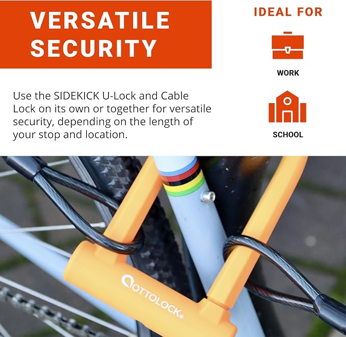 OTTOLOCK Sidekick Compact U-Lock and Cable Bundle - Lightweight Anti-Theft Bike Lock for Road, Mountain & Electric Bikes with Keys, Orange