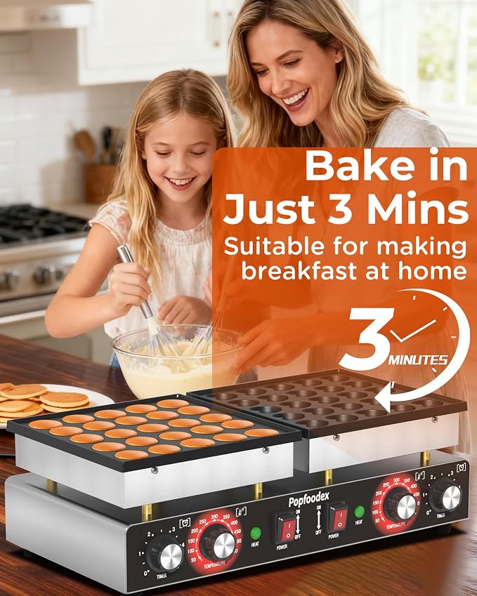 110V Mini Pancake Maker, 50PCS Commercial Dutch Pancake Griddle w/Non-Stick Coating, Pancakes Maker Machine With 2 Thermostats & 2 Timers, Suitable for Home Kitchens, Restaurants, Snack Bar