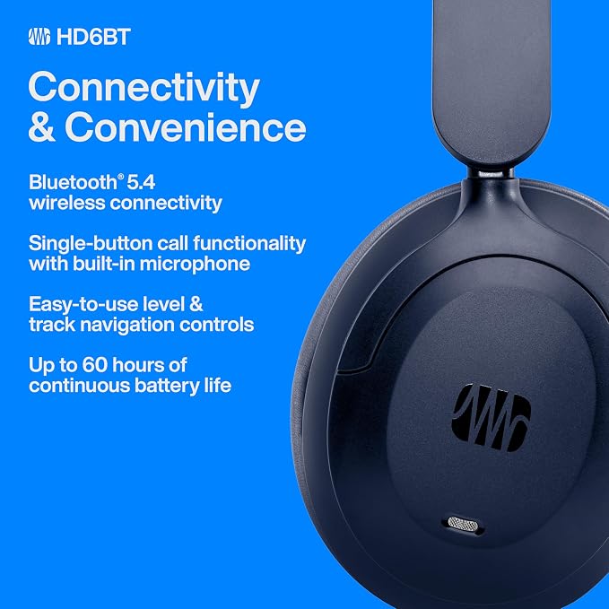 PreSonus Eris HD6BT — Over-Ear Closed-Back Wireless Headphones, Bluetooth, ANC Noise Cancelling, Up to 60 Hours Battery Life, Studio Headphones for Mixing, Monitoring, Recording, Midnight Blue