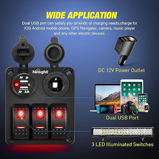 Nilight ３ Gang Rocker Switch Panel with USB Charger and Cigar Lighter Red Night Glow Stickers12V 24V Toggle ON Off for Cars Rvs Trucks