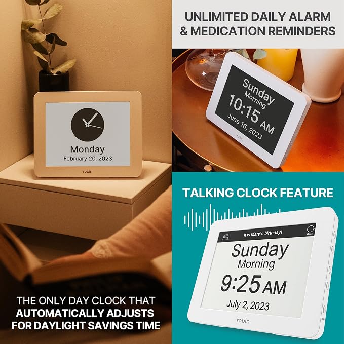 Robin Day Clock 2026 for Seniors, 8" Large Digital Calendar Dementia Clock with Talking Function, Alarms, Easy-to-Read Display for Elderly, Day Date Time, Medication Reminder, DST, White