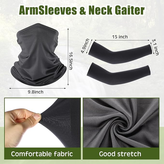 3 Pcs Solar Fan Hat with Arm Sleeves Neck Gaiter Wide Brim Sun Hat Solar Powered USB Charging for Men Women