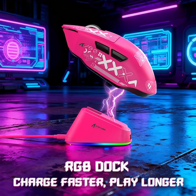 MAMBASNAKE×Attack Shark V6 65g Lightweight RGB Gaming Mouse with Magnetic Charging Dock, BT/2.4G Wireless/Wired 1K Polling Rate, 25K DPI, Programmable Mice for PC/Mac/Laptop(Berry&Stickers)