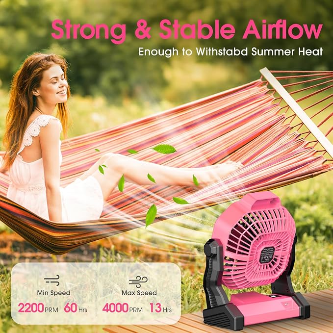 JINLICTE Portable Camping Fan, Rechargeable Battery Powered Tent Fans for Camp Hanging, [13-60Hrs Runtime], 9 Inch, Stepless Speed, Powerful&Quiet, for Picnic, Barbecue, Fishing, Travel, Home, Tent