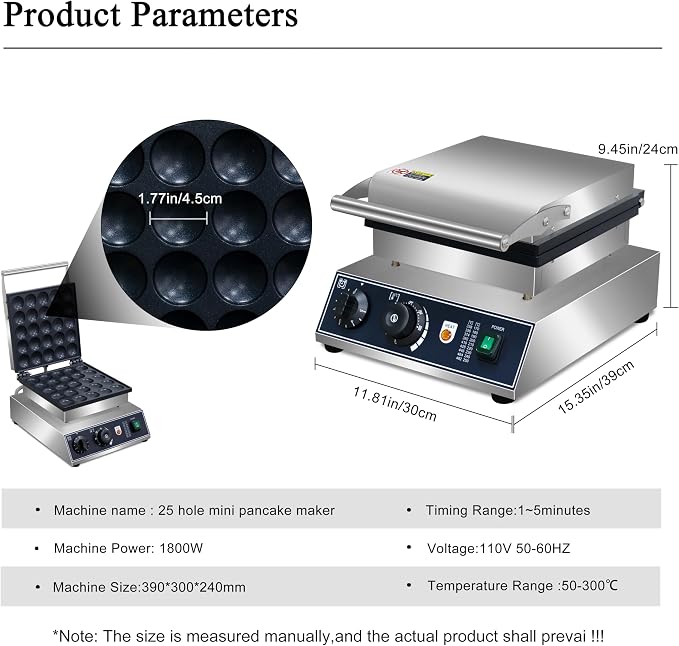 Mini Dutch Pancake Maker,25pcs Mini Pancake Maker Machine,1800W Commercial Electric Poffertjes Grill,Stainless Steel,Temp & Time Control,for Home Kitchen Restaurant,Snack,Desserts.