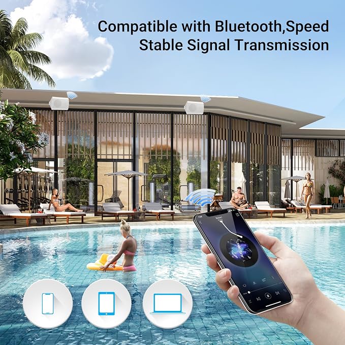 Herdio 4 Inch 200 Watt Outdoor Indoor Bluetooth Speakers, Wall Mount Waterproof Wired for Patio, Deck, Yard, Garage (White)