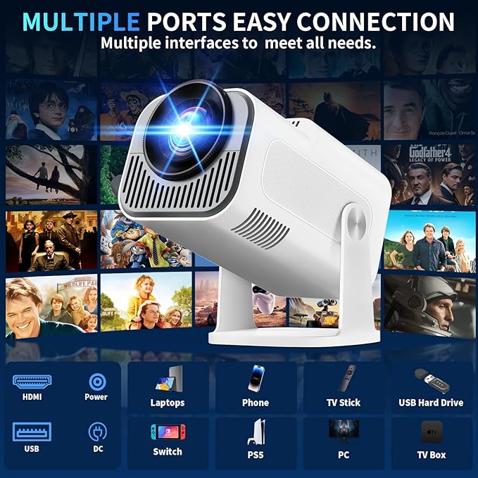[Projector 2026 Upgraded] Mini Projector Support 4K 1080P Auto Keystone 270°Rotatable with WiFi 6 and Bluetooth 5.2 Projector Portable Compatibile with HDMI/TV Stick/Memory Stick/Laptop,White