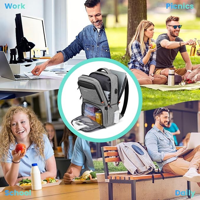 RUCYEN Lunch Backpack, Insulated Cooler Backpack Lunch Box for Men Women, 15.6 Inches RFID Blocking Laptop Backpack with USB Port for Work Travel Picnics Hiking Grey