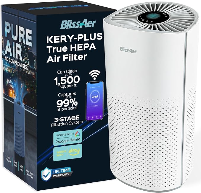 Kery-Plus Air Purifier + 2 Replacment Filters Air Purifiers for Home Bedroom Large Room Up to 1500 Ft² - Smart WiFi & Voice Control True HEPA Air Purifier For Home
