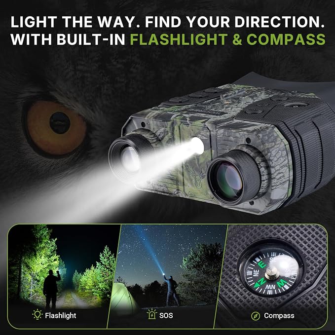 Night Vision Goggles, 4K Night Vision Binoculars for Adults, 36MP, 1300FT Range,8X Digital Zoom, Flashlight & Compass, 5000mAh Battery, Infrared Vision, 32GB Card, for Camping & Security