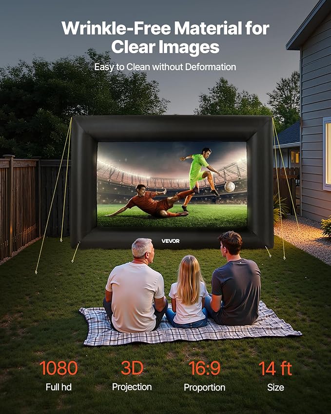 VEVOR 14FT Inflatable Projector Screen, Inflatable Movie Screen Outdoor with 120W Air Blower Projector Screen Oxford Fabric Material Blow Up Screen for Outdoor Backyard, Home Theater, Theme Party