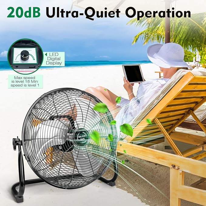 DBF 18" Solar Powered Fan Outdoor - Rechargeable Long Lasting Battery Cordless Floor Fan with 30W Solar Panel & AC Charging, High Velocity Metal Industrial Portable Fans for Outside Home Camping RV