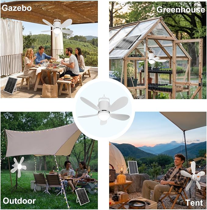 21” Solar Ceiling Fan Light, Solar Outdoor Ceiling Fan Light with Remote and Hook, Portable Wireless Rechargeable Outdoor Hanging Fans for Camping RVs Patio Canopy Chicken Coop Outside