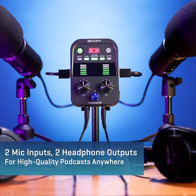 Zoom PodTrak P2 Podcast Recorder, 2 USB Mic Inputs, 2 Headphone Outputs, AI Noise Reduction, Tone & COMP Effects, Remote Guest Recording, SD Card, Battery/USB-C Powered