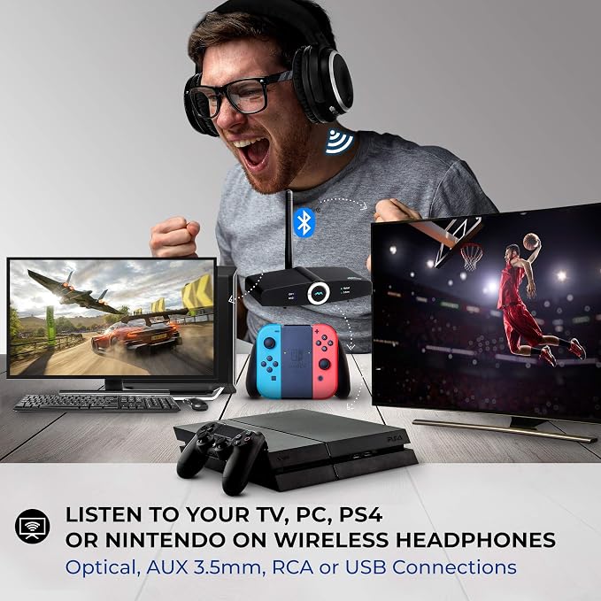 Long Range Bluetooth Transmitter or Receiver, Audio Only for TV PC Stereo, Connect Speaker, Headphones, Phone, aptX Low Latency Wireless Adapter, Listen in HD No Delay Optical RCA 3.5mm (Home RTX 2.0)