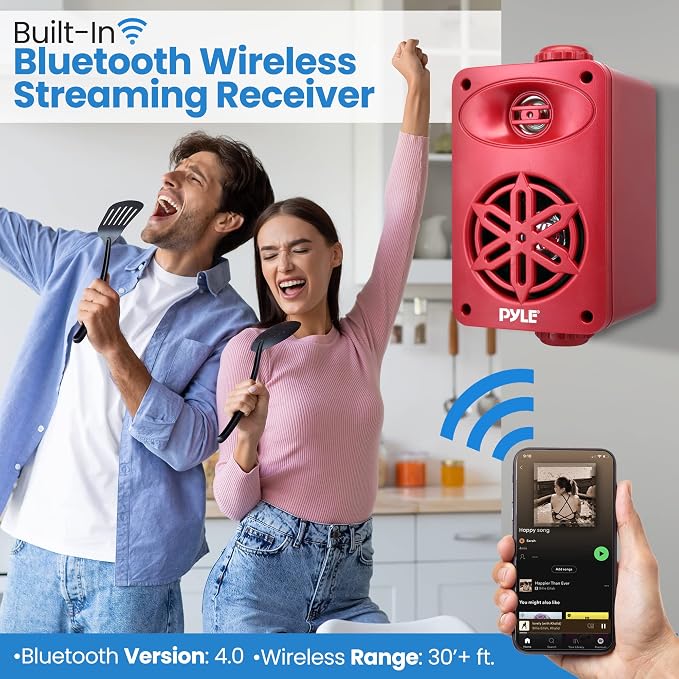 PyleUsa Bluetooth Indoor Outdoor Speakers Pair - 200 Watt Dual Waterproof 3.5” 2-Way Full Range System w/ 1/2” High Compliance Polymer Tweeter - Home, Boat, Marine, Deck, Patio, Poolside -PDWRBT36RD