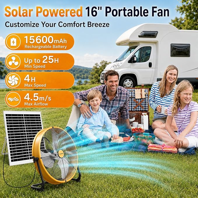 T-SUNUS 16" Solar Powered Fan with 25W Panel & 15600mAh Battery Operated Camping Floor Fan 2500 CFM, Quiet High Velocity Outdoor for RV, Garage, Greenhouse, Patio, Tent, Emergency Power Outage Cooling