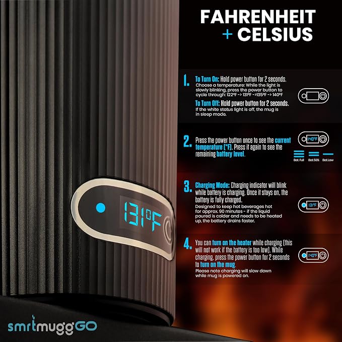 SmrtMugg GO Heated Coffee Mug, Travel Mug, 13.5 OZ. Smart Mug, Battery Powered Heated Coffee Mug, Great for Coffee and Tea, Snap on Magnetic Charging Cord, adjustable temperature (Black)