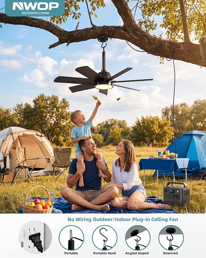 NWOP 28'' Outdoor Ceiling Fans with Lights and Remote, LED Gazebo Hanging Fan with Hook, 3CCT 3000K-6500K Dimmable Gazebo Fan, 6-Speed Quiet Ceiling Fan with Timer for Patio, Porch, Pergola, 2-Black