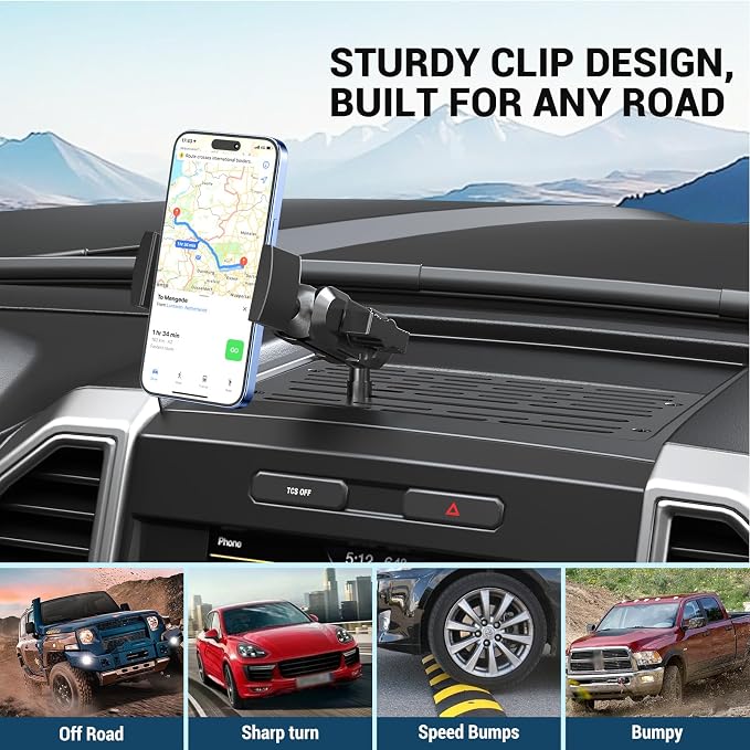 Surfcabin No Punching Required Dash Phone Holder, Compatible with 2015-2020 F150 2017-2022 F250 F350, Metal Cellphone Mounting Bracket Stand for Most CellPhones (Clip Type)
