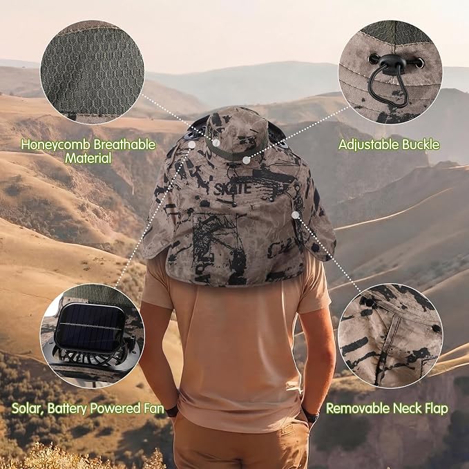3 Pcs Solar Fan Hat with Arm Sleeves Neck Gaiter Wide Brim Sun Hat Solar Powered USB Charging for Men Women