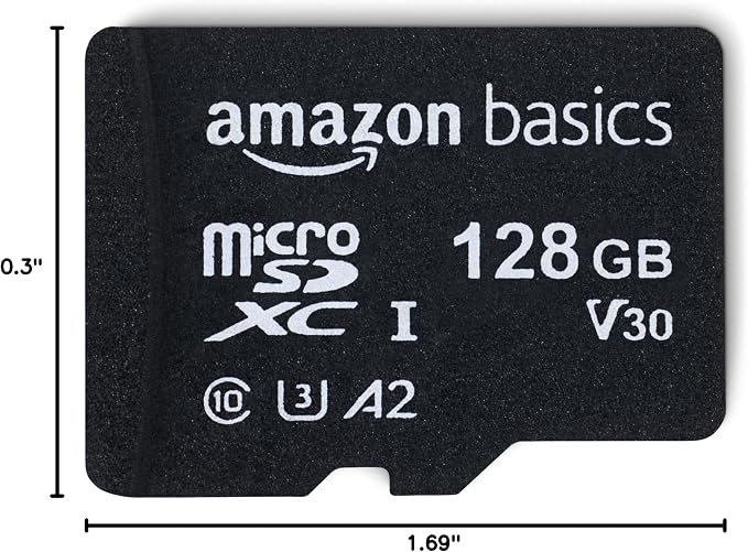 Amazon Basics microSDXC Memory Card with Full Size Adapter, A2, U3, Read Speed up to 100 MB/s, 128GB, Black