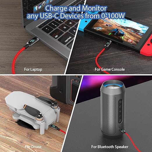 SOOPII 100W 10ft USB C to USB C Cable Fast Charge, Nylon Braided Cable with LED Display for lPhone 15/15 Pro/15 Plus/15 Pro Max,lPad Air,MacBook Pro,Galaxy S24/S23, Pixel, LG (Red)