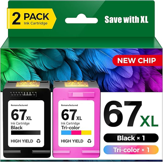 67XL Ink Cartridges Black/Tri-Color 2-Pack Replacement for HP 67 67XL Ink Works for HP DeskJet 2827e 2700 2700e 2755e 2855e 2800e 4100e 4155e 4200e 4155e 4227e 4255e Envy 6000 6055e 6400 6455e Printer