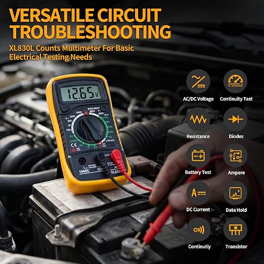 Digital Multimeter, Manual-Ranging, 600V AC/DC Voltage Tester, Tests Batteries, Current, Resistance, Diodes, and Continuity, Black