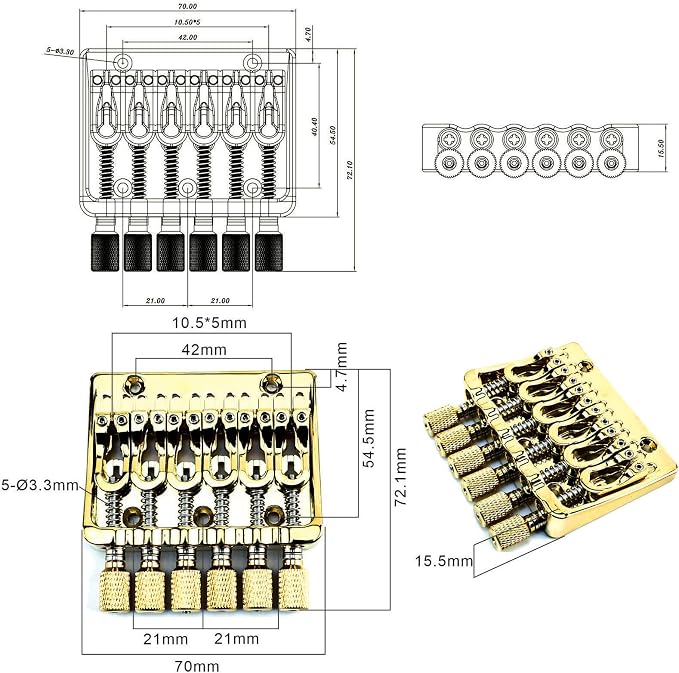 Zinc Alloy Headless Electric guitar Bridge，6 String Fixed Bridge - String Spacing 10.5mm(13/32")，Fits for 6-String Headless Electric Guitar Replacement Parts（Gold）
