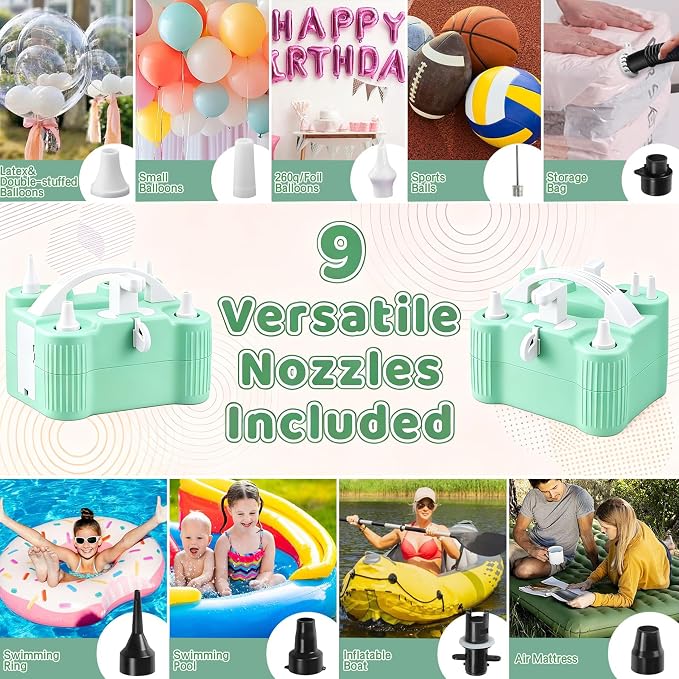4-in-1 Electric Balloon Pump for All Balloons, Portable Triple Inflating Ports Air Pump, 600W High Power Balloon Blower for Latex Foil 260q Mylar Balloon, Air Beds Pool Float Sports Balls