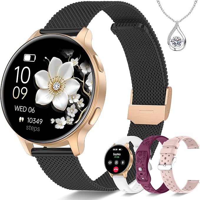 Smart Watch for Women, 1.27" HD Fitness Tracker with 4 Bands & Necklace Gift Set, Heart Rate SpO2 Sleep Monitor, 120+ Sport Modes, Call & Notifications, Smartwatch for Android iPhone, 40mm Black Gold