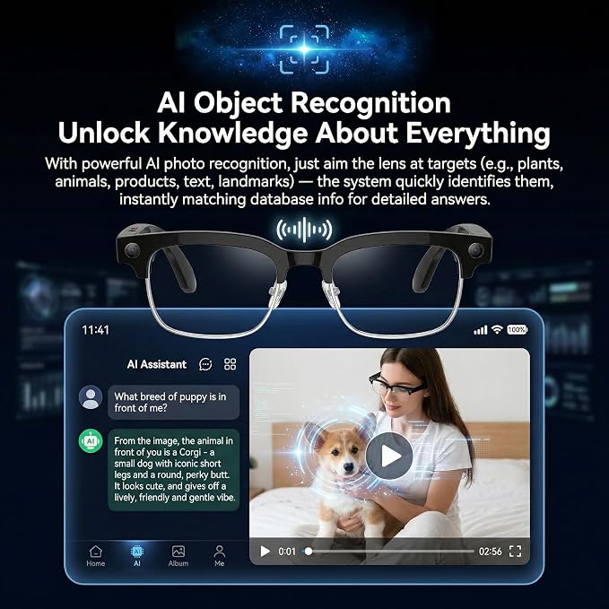 AI Smart Glasses with Camera, 1080P HD POV First-Person View Video Recording and Translator, AI Object Recognition, Bluetooth Audio, 290mAh Battery, Photochromic Lenses for Sports, Travel, Work