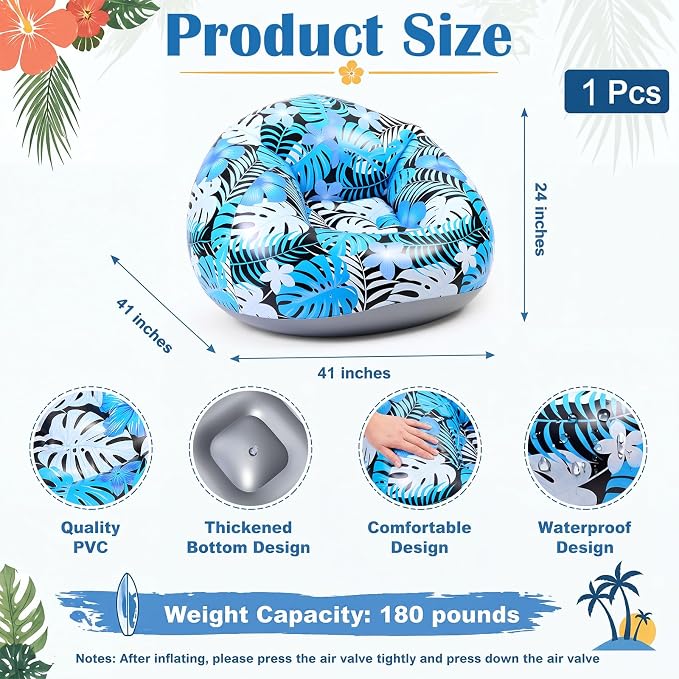 Capoda 1 Pack Hawaiian Inflatable Chair with Electric Air Pump, Tropical Leaf Blow Up Sofa for Adults, Portable PVC Lounge Seat for Beach Pool Camping Dorm Reading Gaming Travel Indoor Outdoor, Blue