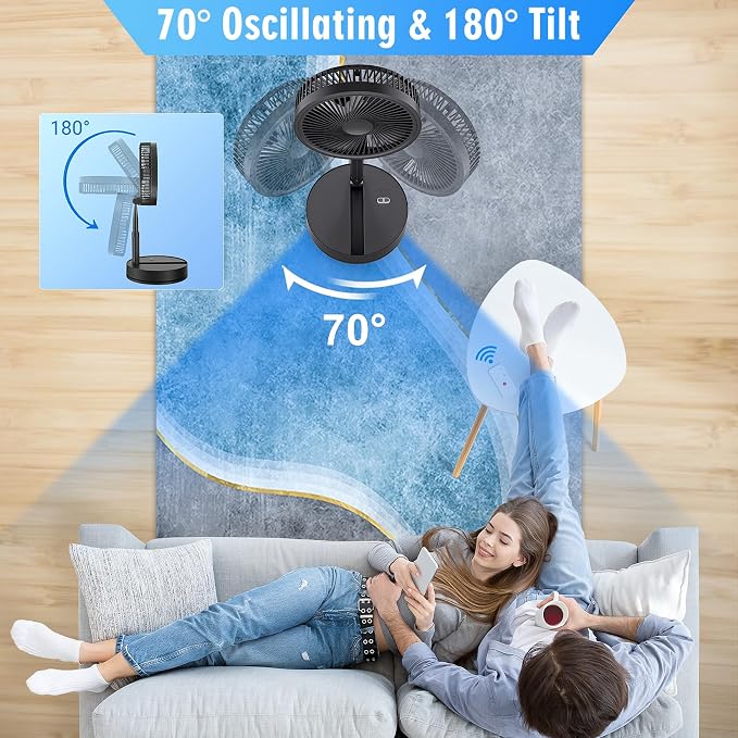LIPETY Portable Foldable Oscillating Fan - 8.6" 8000mah Rechargeable Battery Operated USB C Small Fan with Remote Quiet Table Desk Fan Folding Standing Pedestal Fan for Rome Office Camping Travel