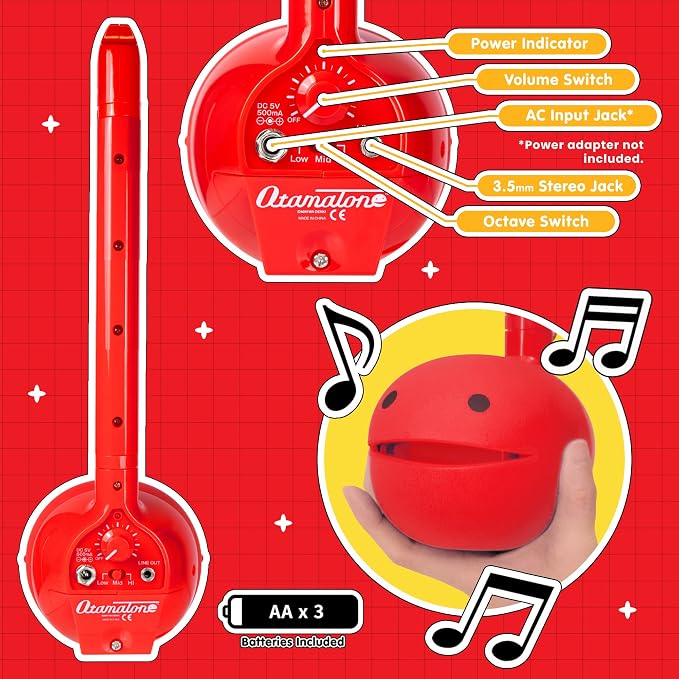 Otamatone Deluxe Electronic Musical Instrument for Adults Portable Synthesizer Digital Electric Music from Japan by Cube/Maywa Denki Cool Stuff Gifts, Red [English Manual]