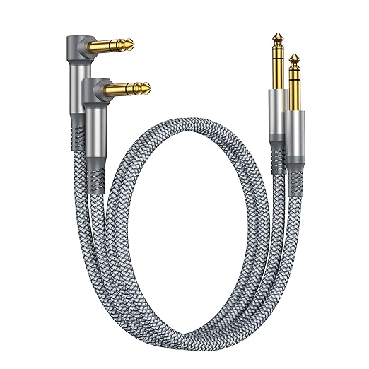 RUXELY 6.35mm TRS Instrument Cable 3.3FT 2-Pack,Right Angle 1/4 Inch Male Jack Stereo Audio Cord,6.35 Balanced Line Lead for Electric Guitar,Bass,Keyboard,Mixer,Amplifier/AMP,Speaker,Equalizer