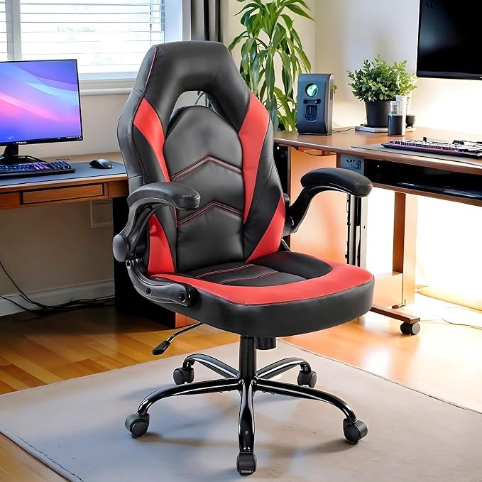 Ergonomic Gaming Desk Chair - Adjustable PU Leather Swivel Racing Chair with Flip-up Armrests for Home Office and Entertainment, Perfect for Adults, Kids, and Gamers, Black Red