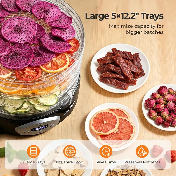 OSTBA Food Dehydrator, 5 BPA-Free 12.2" Trays, Adjustable Temp 95–160℉, 48H Timer, 420W Food Dryer for Fruits, Veggies, Jerky, Herbs, Home Use, BPA-Free