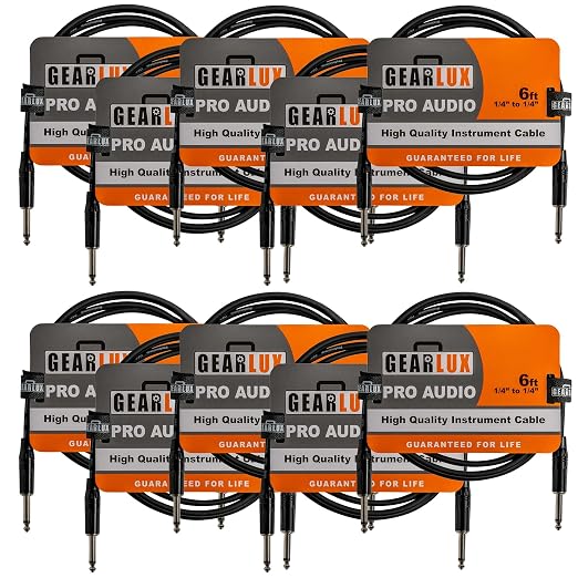 Gearlux Instrument Cable/Guitar Cable, 1/4 Inch, Straight to Straight, Black, 6 Feet - 10 Pack