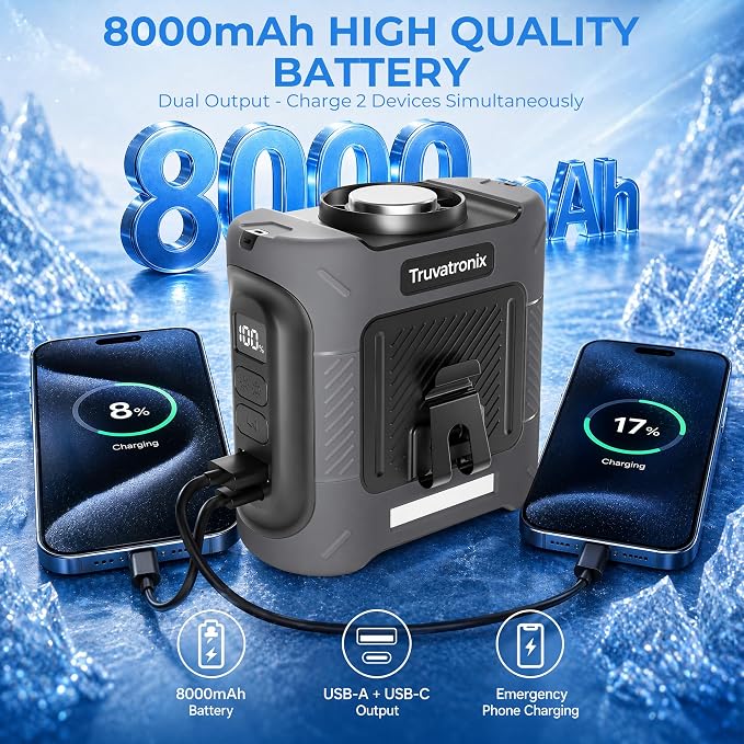 Portable Waist Fan with 56°F Ice Cooling, 8000mAh Rechargeable Belt Clip Fan, 5-Speed 21000RPM Wearable Cooler, LED SOS Warning Light for Jobsite Camping Summer Essential