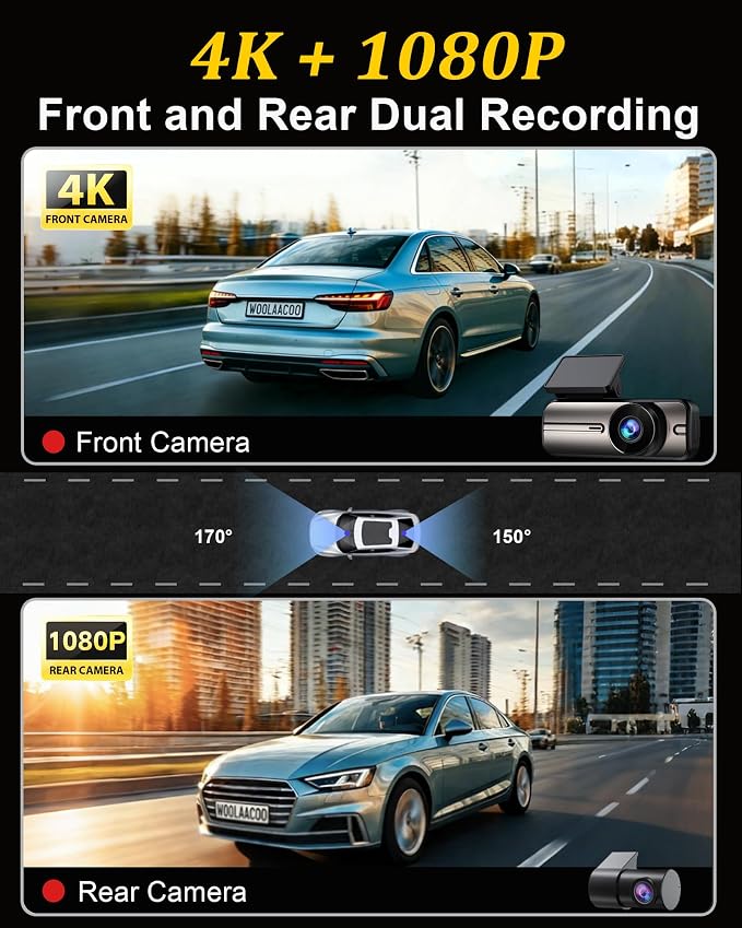 Dash Cam Front and Rear 4K+1080P, Dual Dash Cam with 64GB Card, 5GHz WiFi, App Control, G-Sensor Emergency Recording, Loop Recording, 24H Parking Mode Supports, Dash Camera for Cars