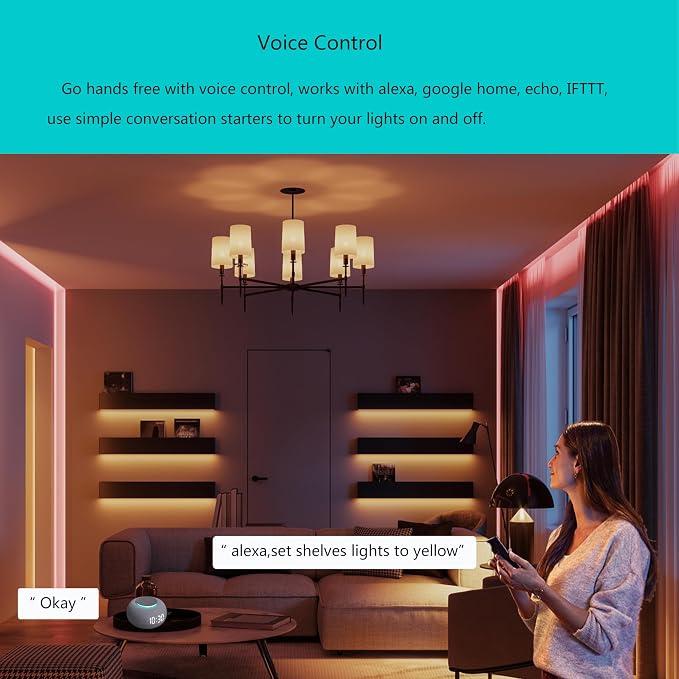 Plug In Under Cabinet Lighting, RGB LED Light Bar Works with Alexa, Google Assistant, Smart App, 20Inch, Ultra-Thin Room Lights Strip Dimmable for Kitchen Counter, Shelf, Desk, Closet, Music Sync,1pcs
